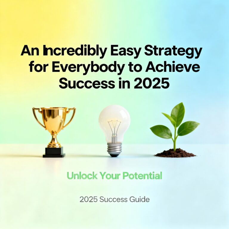 "A motivational feature image titled 'An Incredibly Easy Strategy for Everybody to Achieve Success in 2025' with bright colors, clean modern typography, and icons representing success, simplicity, and personal growth."