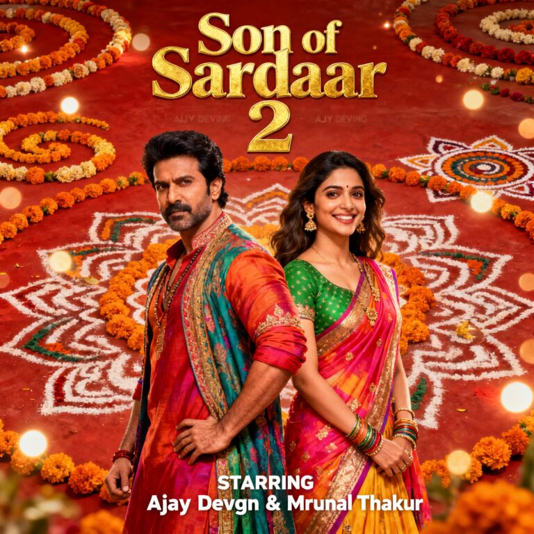 Alt text: Ajay Devgn and Mrunal Thakur appear in a vibrant, festive-style movie poster for Son of Sardaar 2, featuring bold colors and playful elements suggestive of a Bollywood comedy drama.
