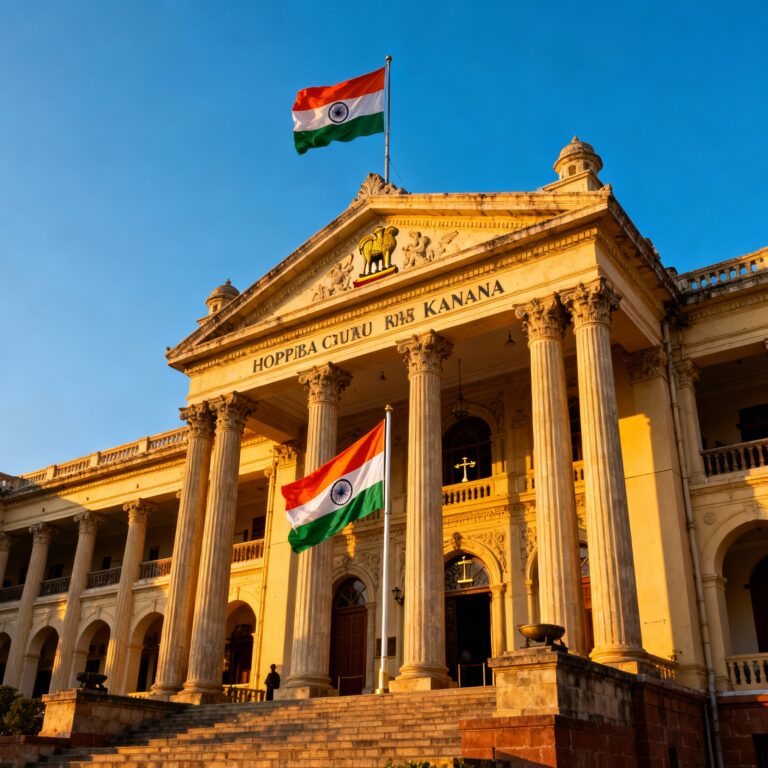 The majestic High Court of Karnataka building in Bengaluru, featuring colonial-style architecture with the Karnataka state flag and the Indian national flag flying prominently against a clear blue sky.