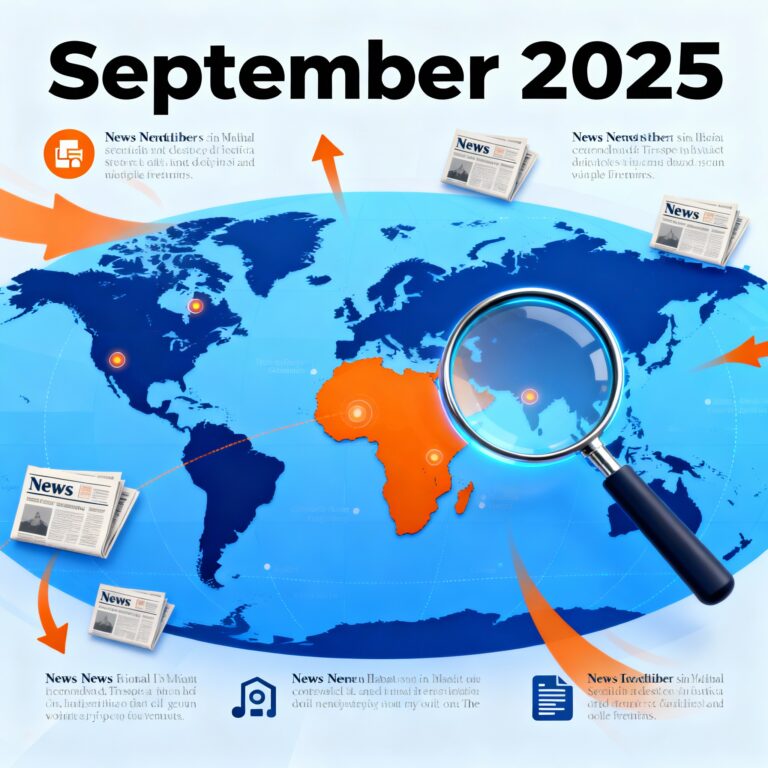 "Digital world map with vibrant news headlines, icons of newspapers, trending arrows, and magnifying glass, representing top trending news stories of September 2025."