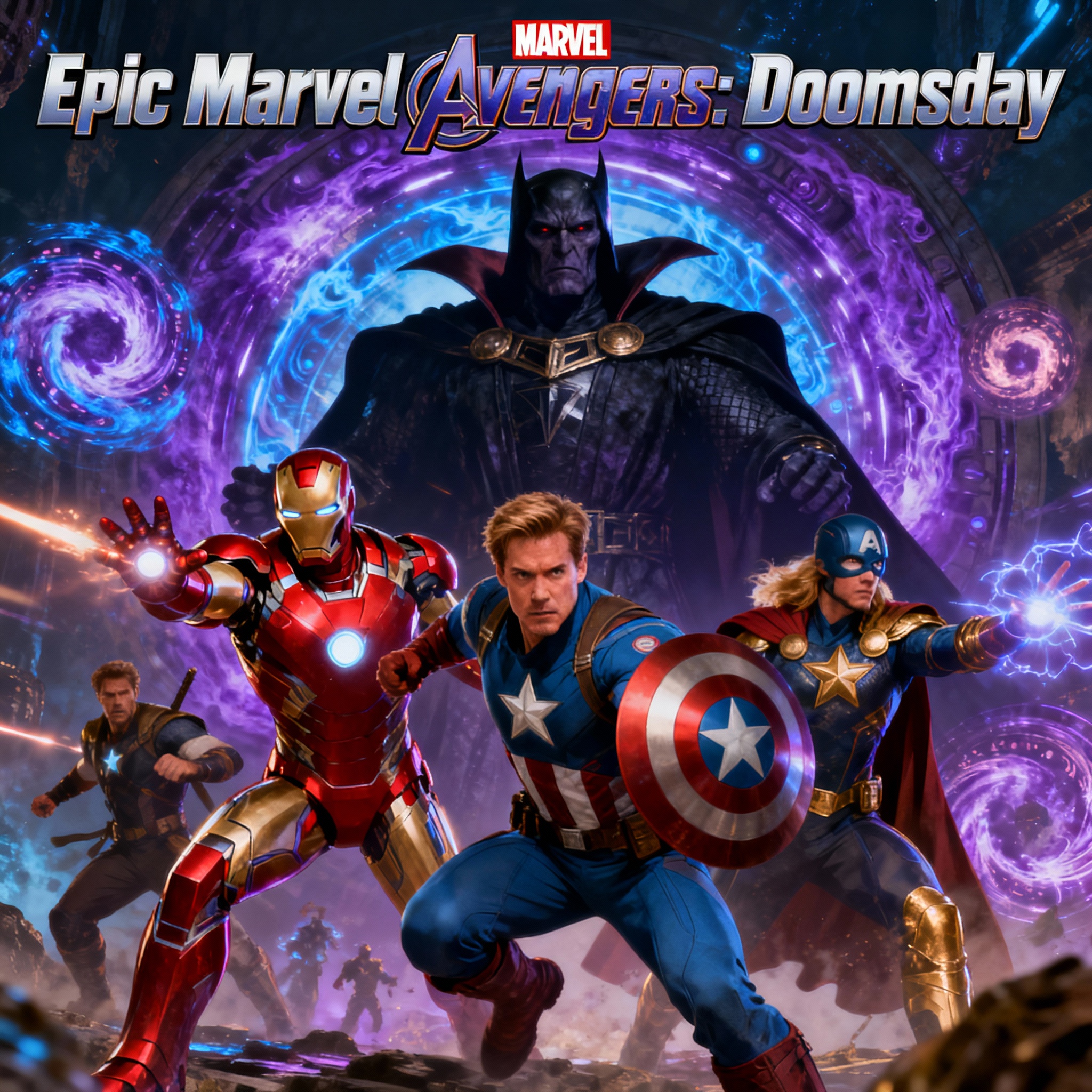 "Dynamic Marvel Avengers: Doomsday poster featuring assembled Avengers heroes with a dark, ominous Doctor Doom standing behind a glowing multiverse portal."