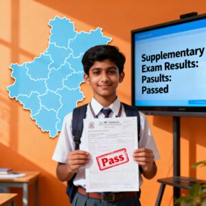 Student holding Maharashtra SSC supplementary exam results with a digital screen displaying results and a map of Maharashtra in the background.