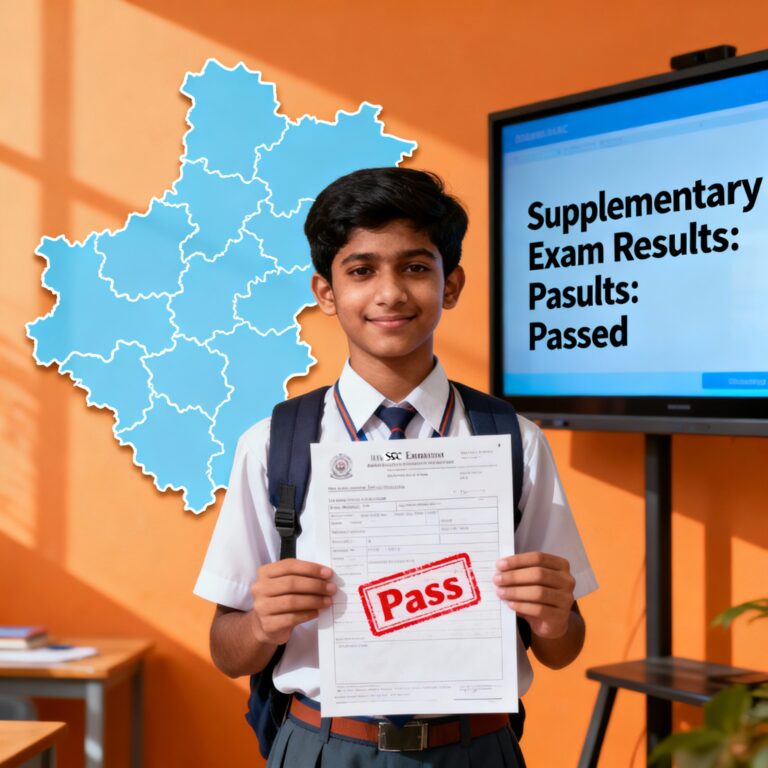 Student holding Maharashtra SSC supplementary exam results with a digital screen displaying results and a map of Maharashtra in the background.