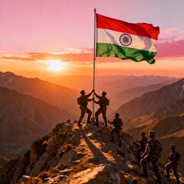 Indian Army soldiers raising the Indian national flag on a mountain peak during Kargil Vijay Diwas, symbolizing bravery and patriotism with a warm sunset backdrop