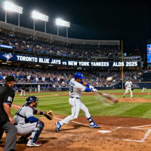 "Toronto Blue Jays and New York Yankees players competing in a dramatic 2025 ALDS baseball game at a packed stadium under bright lights."