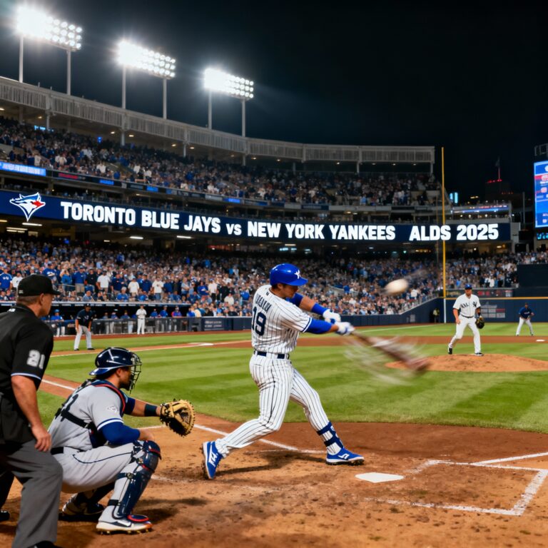 "Toronto Blue Jays and New York Yankees players competing in a dramatic 2025 ALDS baseball game at a packed stadium under bright lights."