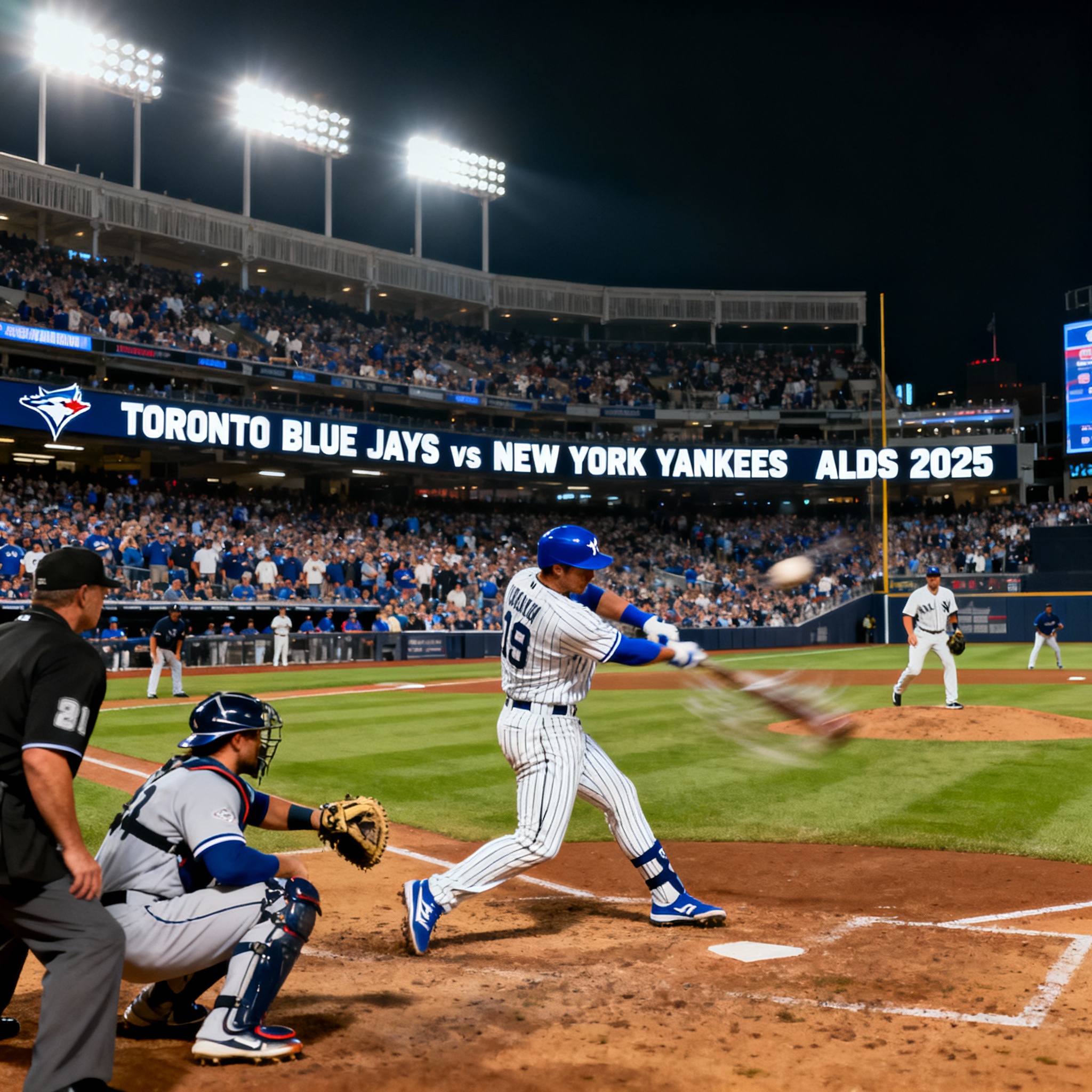 "Toronto Blue Jays and New York Yankees players competing in a dramatic 2025 ALDS baseball game at a packed stadium under bright lights."