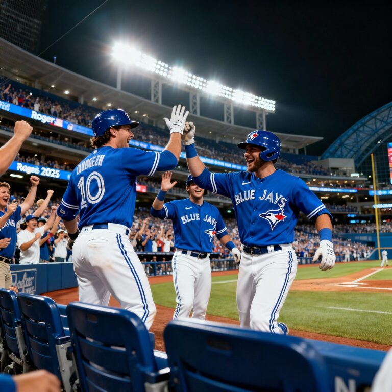 Toronto Blue Jays players celebrating a home run at Rogers Centre during the 2025 MLB season with vibrant crowd cheering in the background