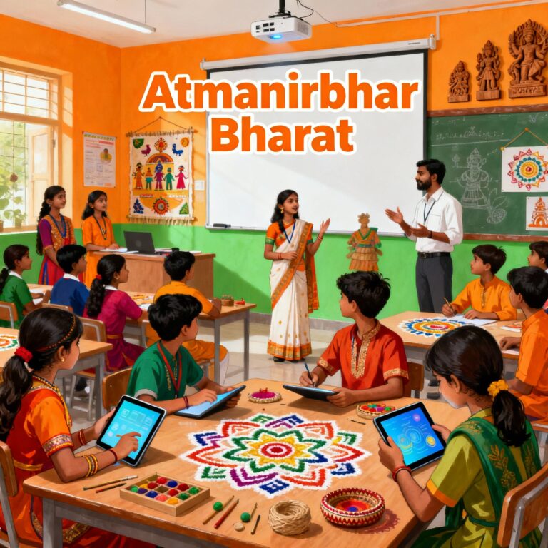 “Indian students learning leadership and innovation in school — symbolizing Atmanirbhar Bharat.”