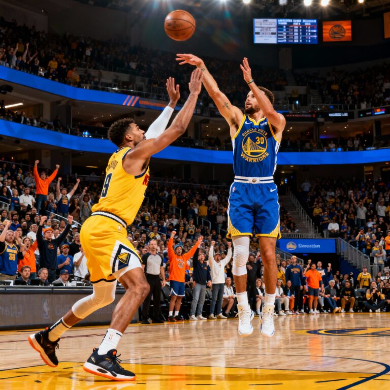 Steph Curry of the Golden State Warriors shooting a three-pointer while Aaron Gordon of the Denver Nuggets defends aggressively in a packed arena.