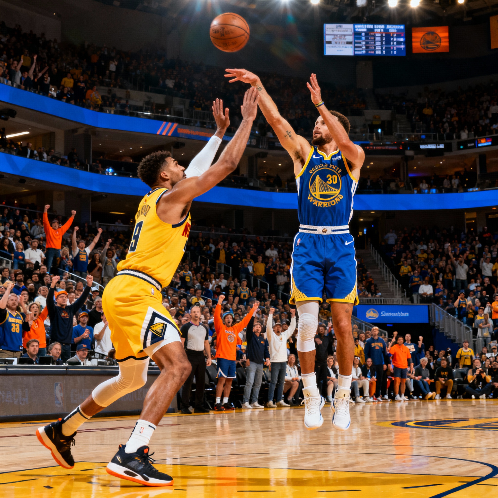 Steph Curry of the Golden State Warriors shooting a three-pointer while Aaron Gordon of the Denver Nuggets defends aggressively in a packed arena.