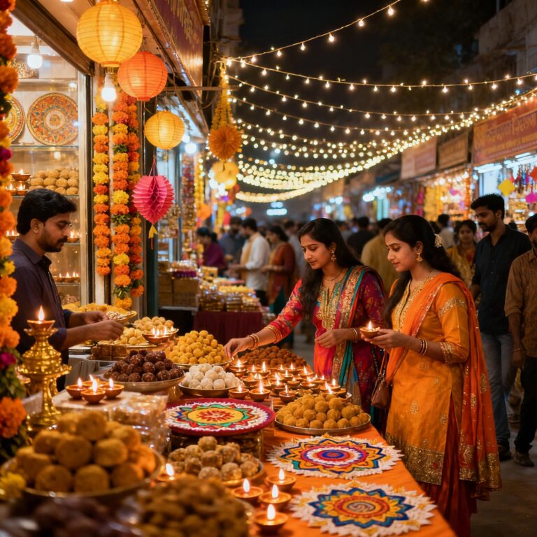 Vibrant Diwali market in India with festive lights, shoppers, traditional decorations, and business activity.