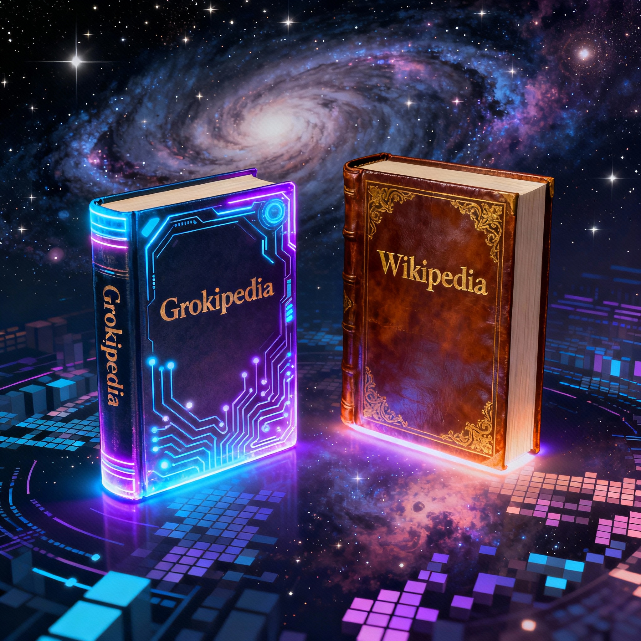 An abstract digital illustration showing two contrasting encyclopedia books, one labeled “Grokipedia” (futuristic, glowing, AI-style) and one labeled “Wikipedia” (classic, white background), set against a backdrop of a digital universe.