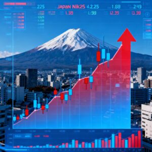 Modern financial graphic of Japan Nikkei 225 stock index showing rising candlestick charts with Tokyo cityscape and Mount Fuji in the background, symbolizing market growth.