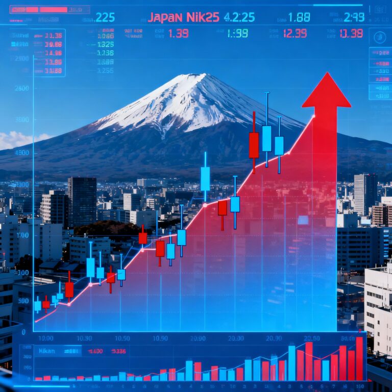 Modern financial graphic of Japan Nikkei 225 stock index showing rising candlestick charts with Tokyo cityscape and Mount Fuji in the background, symbolizing market growth.