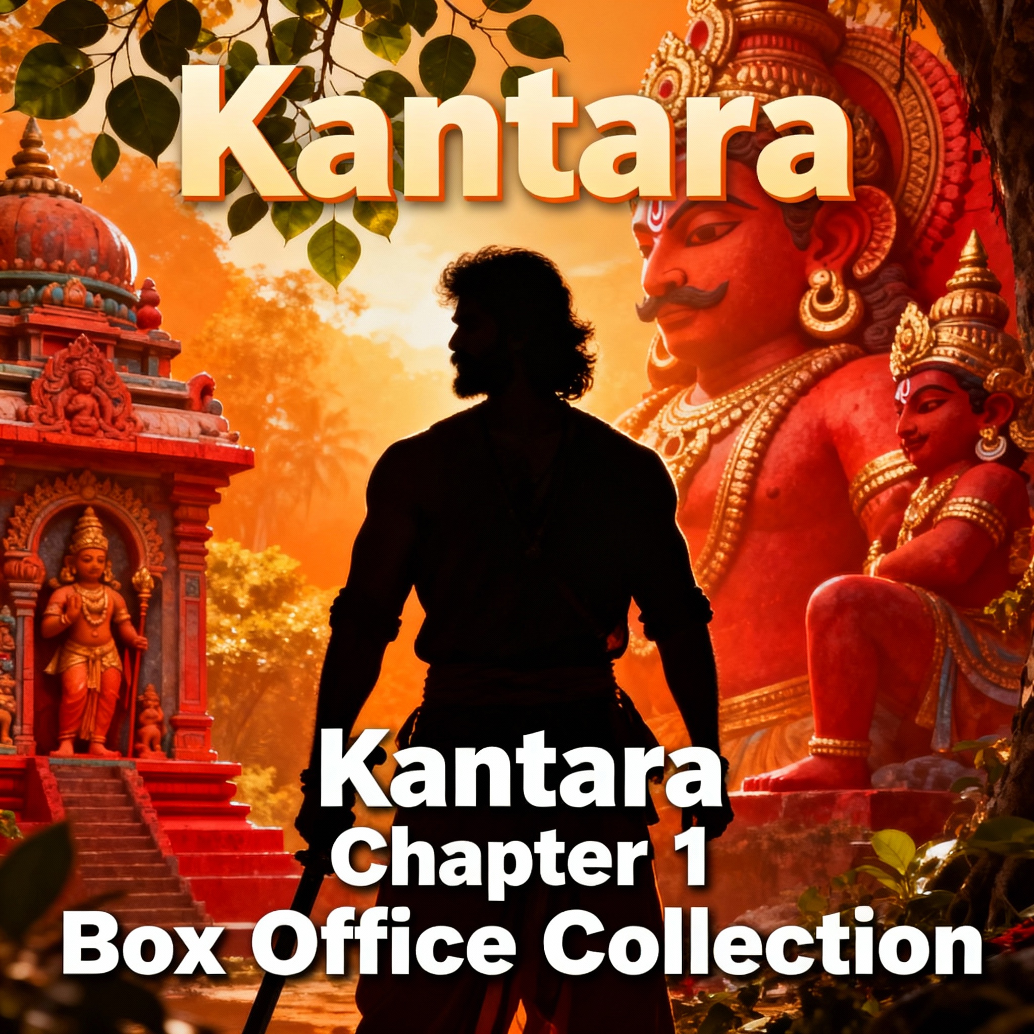 "Powerful silhouette of Kantara Chapter 1 lead character against a mythological and natural Indian backdrop with warm orange and red hues, featuring bold cinematic lighting and the text 'Kantara Chapter 1 Box Office Collection' overlay."