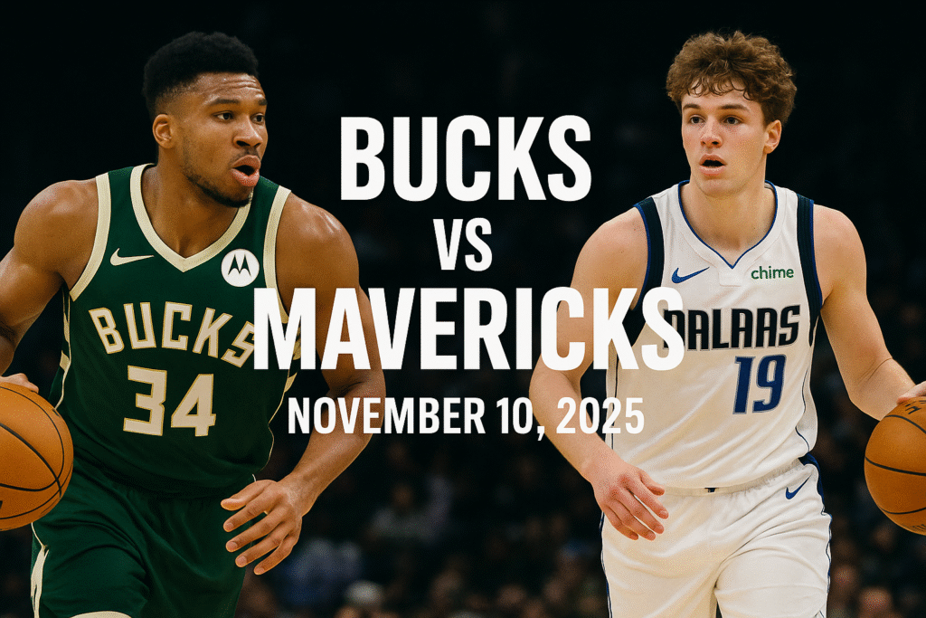 Giannis Antetokounmpo of the Milwaukee Bucks faces Cooper Flagg of the Dallas Mavericks during their NBA game on November 10, 2025, in an intense matchup graphic.