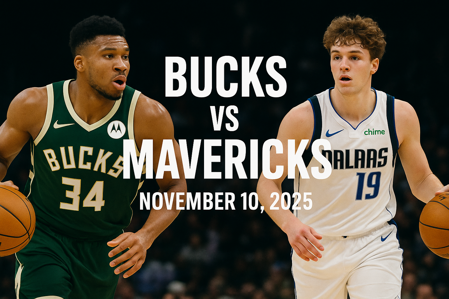 Giannis Antetokounmpo of the Milwaukee Bucks faces Cooper Flagg of the Dallas Mavericks during their NBA game on November 10, 2025, in an intense matchup graphic.