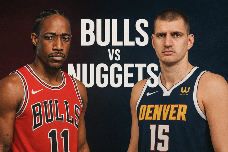 A promotional NBA graphic featuring DeMar DeRozan of the Chicago Bulls on the left in a red jersey and Nikola Jokić of the Denver Nuggets on the right in a navy jersey, with bold “BULLS vs NUGGETS” text centered on a dark textured background.