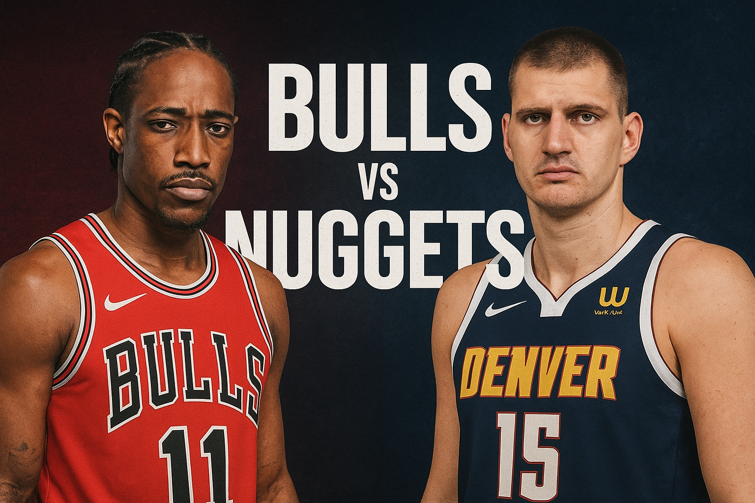 A promotional NBA graphic featuring DeMar DeRozan of the Chicago Bulls on the left in a red jersey and Nikola Jokić of the Denver Nuggets on the right in a navy jersey, with bold “BULLS vs NUGGETS” text centered on a dark textured background.