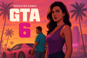 Illustration of GTA 6 characters standing beside a sports car under a neon Vice City sunset, featuring Rockstar Games’ logo and tropical palm skyline.