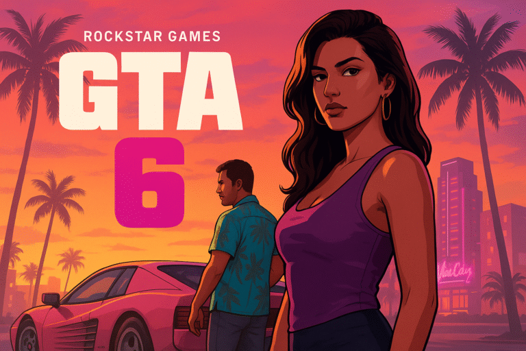 Illustration of GTA 6 characters standing beside a sports car under a neon Vice City sunset, featuring Rockstar Games’ logo and tropical palm skyline.