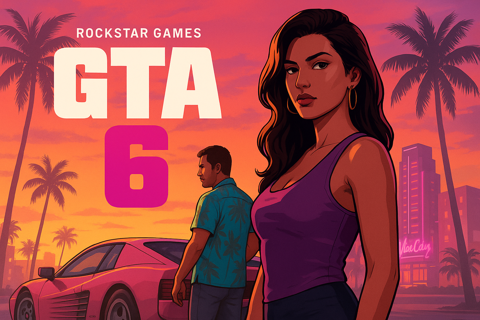Illustration of GTA 6 characters standing beside a sports car under a neon Vice City sunset, featuring Rockstar Games’ logo and tropical palm skyline.