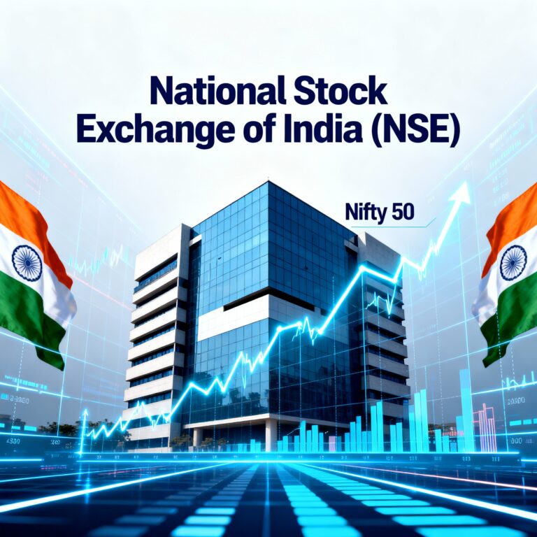 Modern representation of the National Stock Exchange of India (NSE) with digital stock market charts, Nifty 50 index graph, and Indian flag elements symbolizing the Indian financial market.