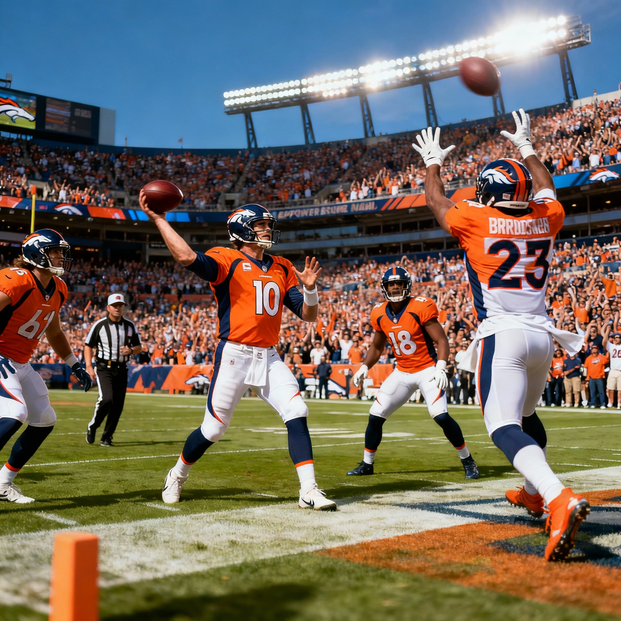 Denver Broncos players in orange and blue uniforms fiercely compete in a dynamic football game at Empower Field at Mile High stadium with thousands of fans cheering under bright stadium lights.