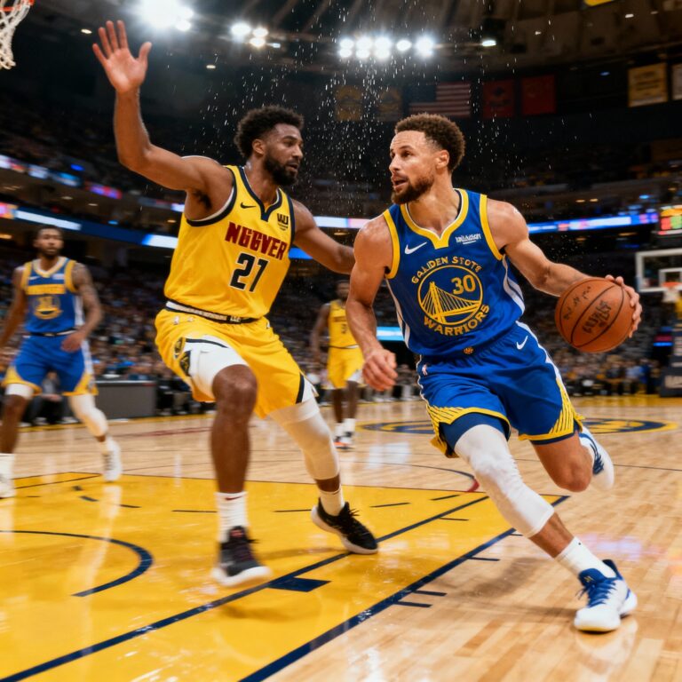 Basketball players from Golden State Warriors and Denver Nuggets competing fiercely on court during an NBA game with energetic crowd in background.