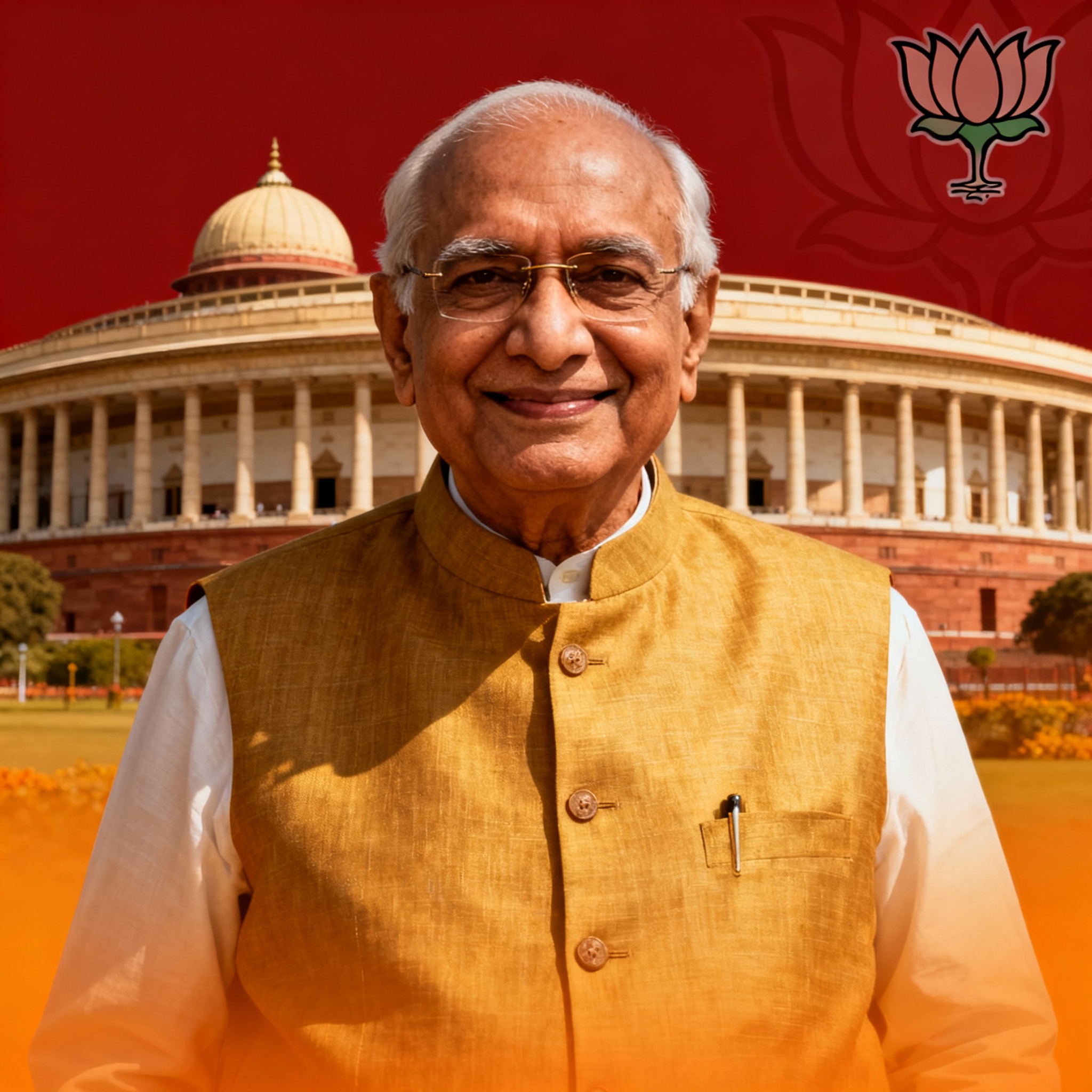 Portrait of Lal Krishna Advani, veteran Indian politician and co-founder of BJP, with the Indian Parliament building in the background and BJP party symbol.