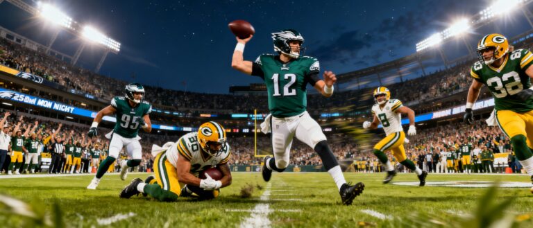 "Philadelphia Eagles and Green Bay Packers players in action under bright stadium lights during 2025 Monday Night Football game at Lambeau Field, showcasing intense NFL rivalry atmosphere"