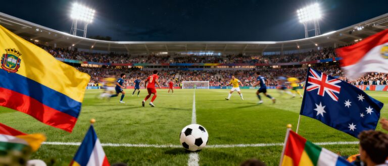Colombia and Australia national football teams preparing for kickoff in a modern stadium with vibrant team flags and a lively crowd under nighttime lighting.