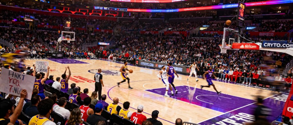 Dynamic basketball game scene showing Los Angeles Lakers and Los Angeles Clippers players competing intensely at Crypto.com Arena.