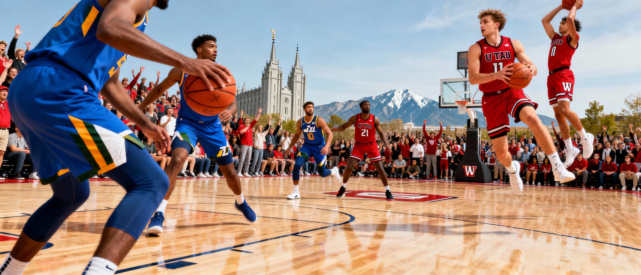 Dynamic basketball action featuring Utah Jazz NBA players and University of Utah Utes college players on a vibrant court with an energized crowd and iconic Utah landmarks in the background.