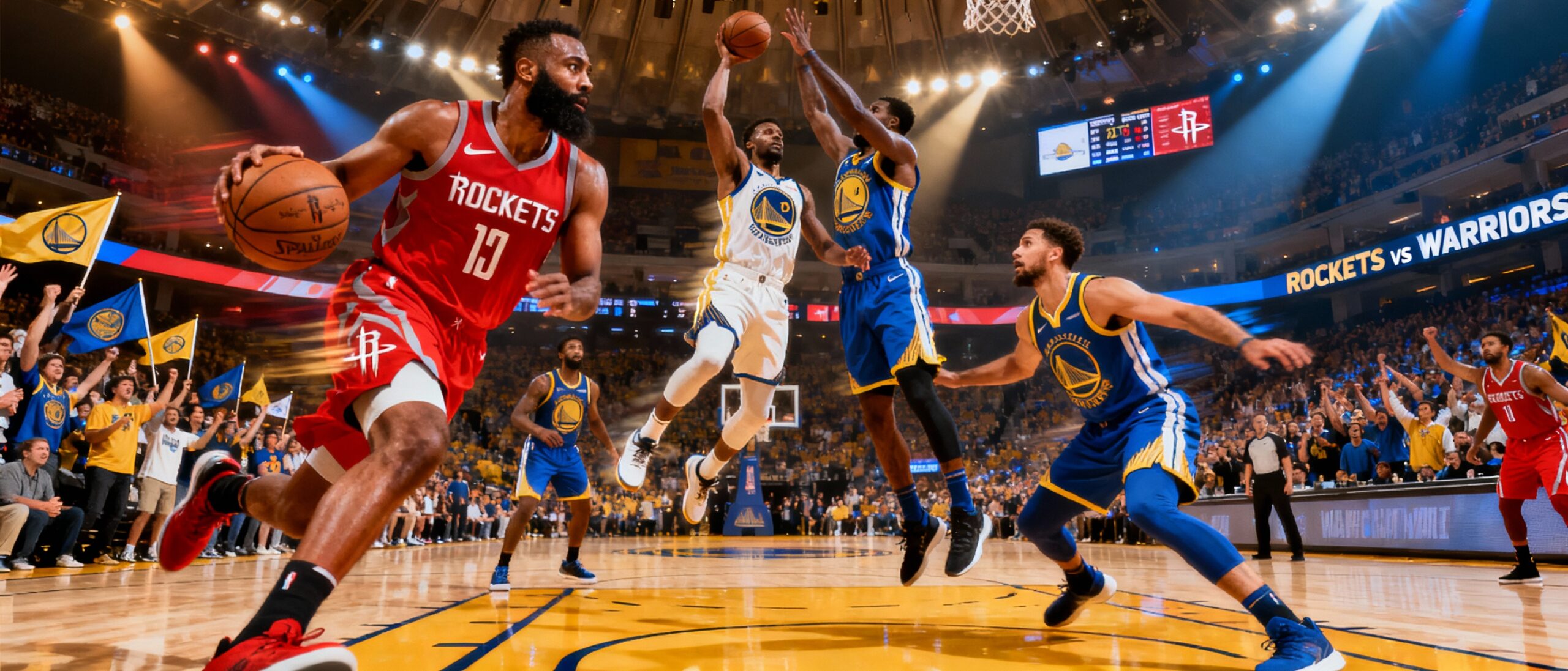 Intense basketball action featuring Houston Rockets and Golden State Warriors players competing fiercely on the court, with vibrant arena lights and enthusiastic fans in the background.