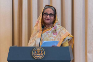 "Sheikh Hasina, the longest-serving Prime Minister of Bangladesh, at an official event, exemplifying resilient and compassionate leadership"