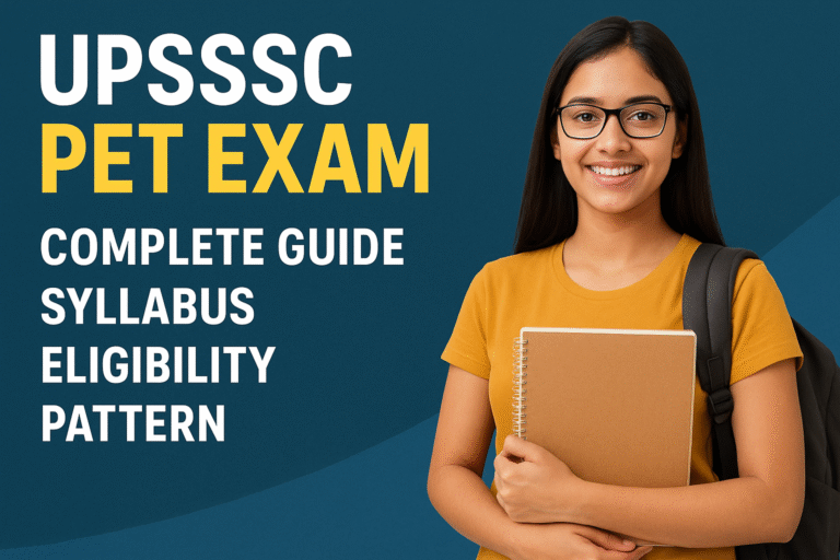 “UPSSSC PET Exam – Complete Guide, Syllabus, Eligibility, Pattern” on a blue background.
