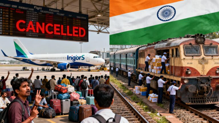 Stranded passengers at an Indian airport during the IndiGo crisis, with Indian Railways trains providing emergency travel support.