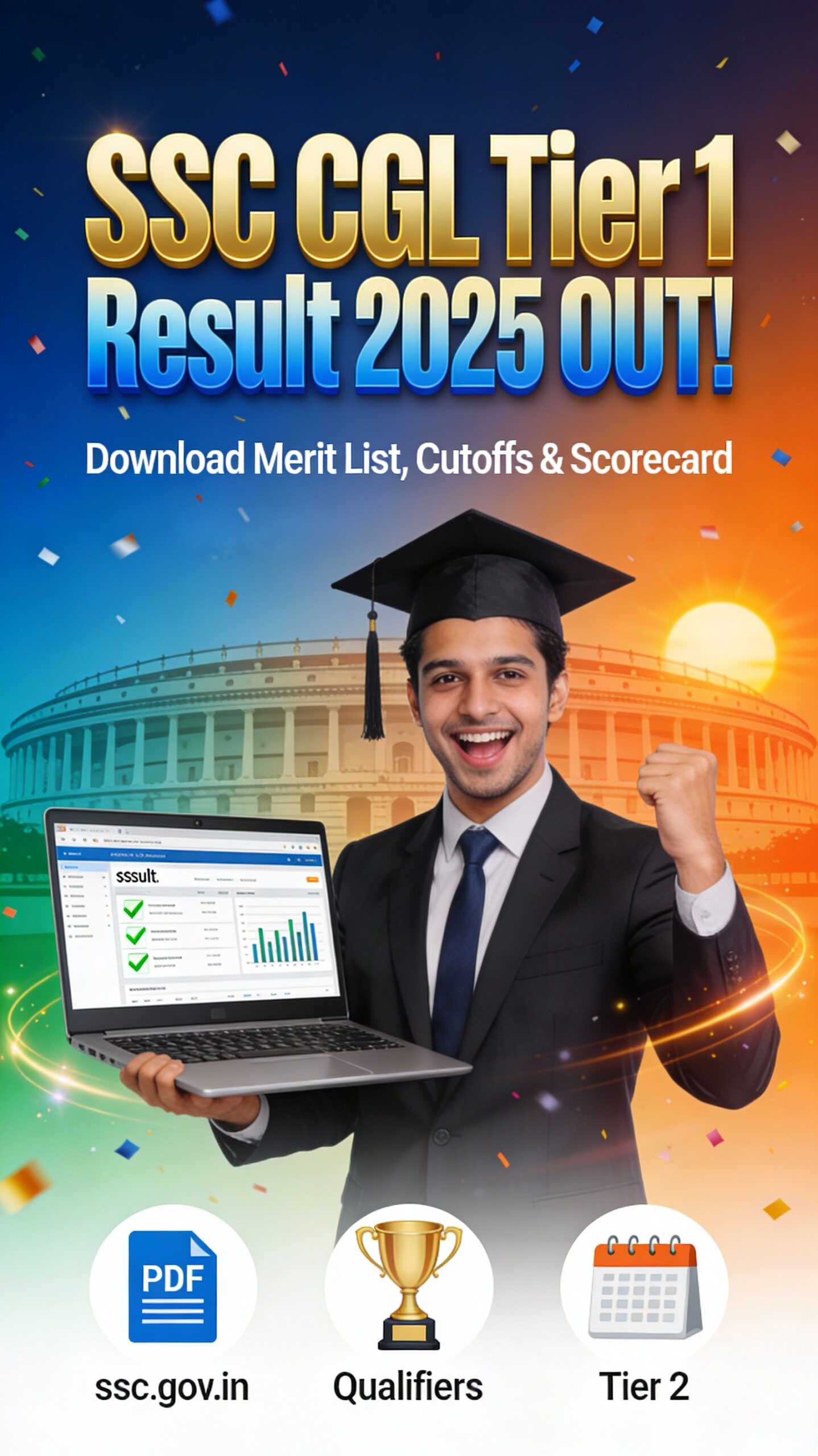 : Vibrant featured image for SSC CGL Tier 1 Result 2025 announcement showing bold "SSC CGL Tier 1 Result 2025 OUT!"