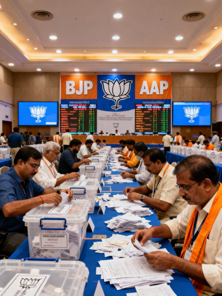 Delhi MCD by-election 2025 vote counting hall buzzing with activity, BJP and AAP party symbols visible amid ballot boxes and officials. (see the generated image above)