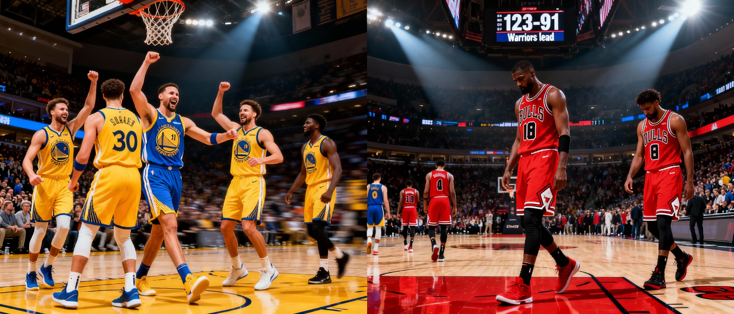 Golden State Warriors players in gold jerseys celebrate a three-pointer at United Center while Chicago Bulls in red jerseys walk off dejectedly.