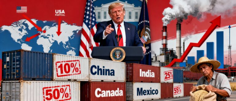 President Donald Trump at White House podium announcing 2025 tariffs, with shipping containers stamped 10-50% from China, India, Canada, Mexico; background features global trade map, rising prices, factories, and concerned farmer—dramatic photo-realistic news illustration.