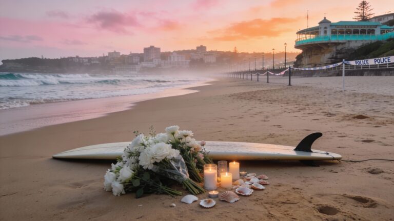 Bondi Beach memorial at dawn after 2025 Hanukkah shooting - flowers, candles and surfboard on golden sand with Icebergs pool