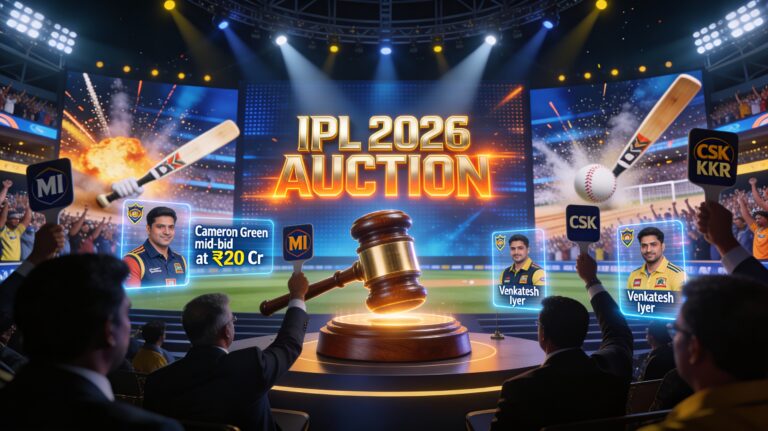 “IPL Auction 2026 live bidding at Etihad Arena — team owners and coaches in the auction hall”