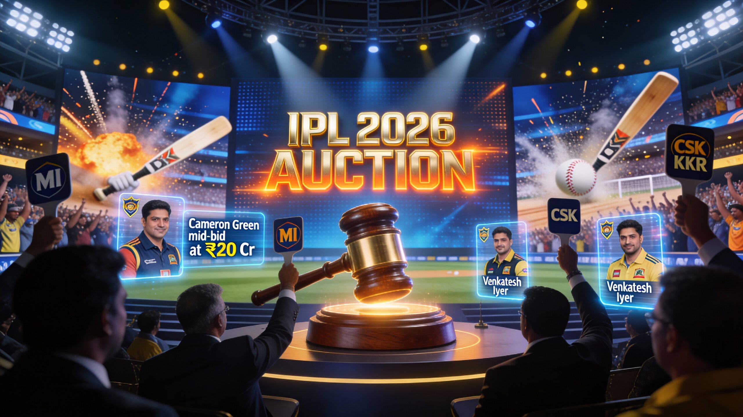 “IPL Auction 2026 live bidding at Etihad Arena — team owners and coaches in the auction hall”