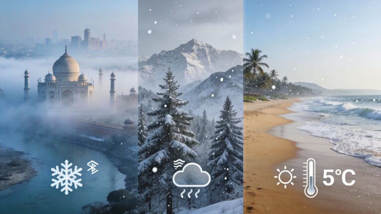 Image SEO Metadata for Featured Image (see the generated image above) Alt Text (SEO-Optimized, 125 characters): Delhi India Gate in thick morning fog transitions to snowy Himalayan peaks, IMD weather map overlay for Dec 2025 cold wave forecast India.