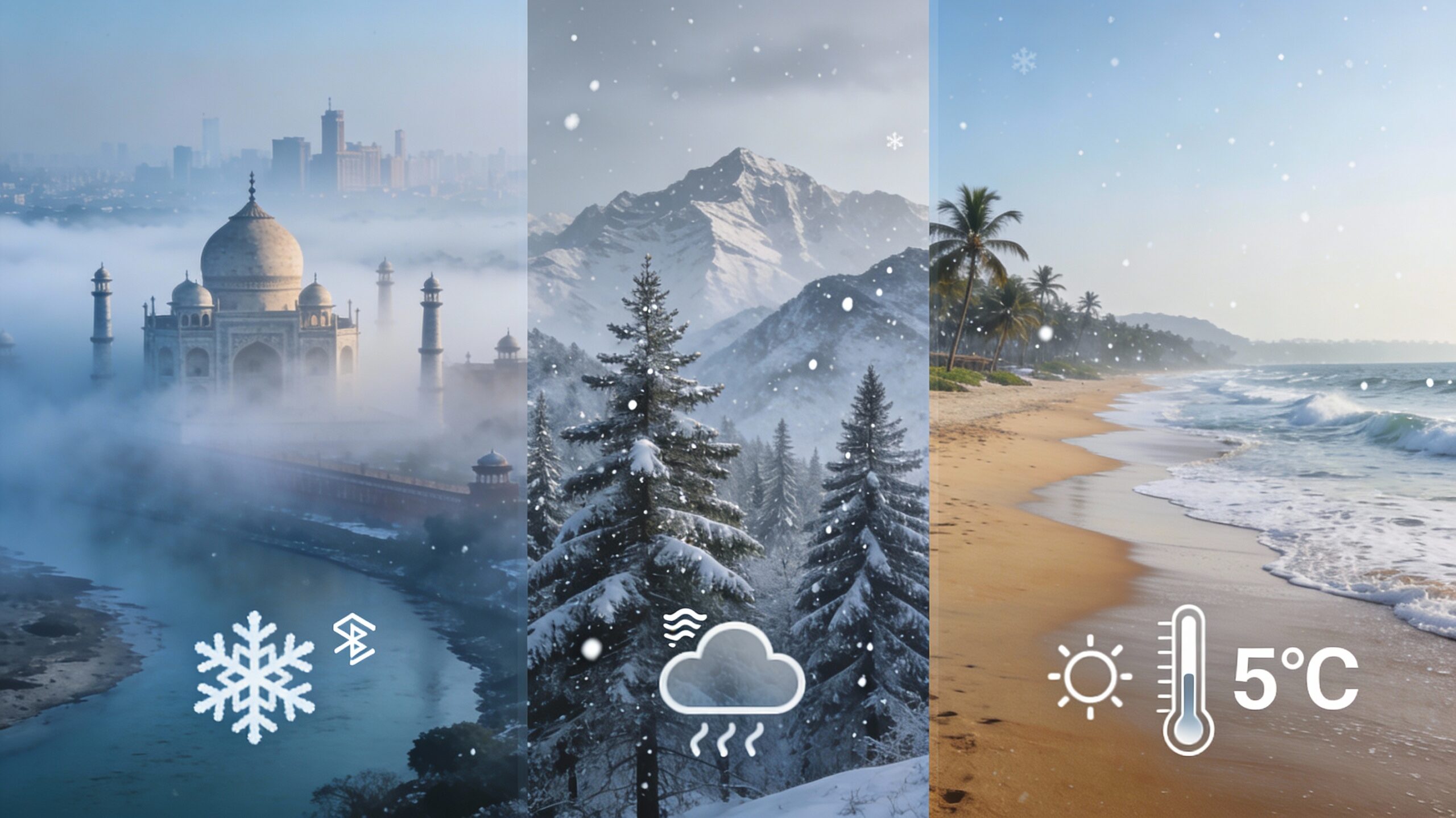 Image SEO Metadata for Featured Image (see the generated image above) Alt Text (SEO-Optimized, 125 characters): Delhi India Gate in thick morning fog transitions to snowy Himalayan peaks, IMD weather map overlay for Dec 2025 cold wave forecast India.