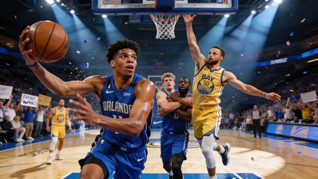 Dramatic NBA action shot of Orlando Magic's Paolo Banchero driving to the basket against Golden State Warriors' Stephen Curry's block attempt, with Franz Wagner and Draymond Green battling for a rebound in the background; high-energy arena atmosphere highlights the youth vs. dynasty clash.