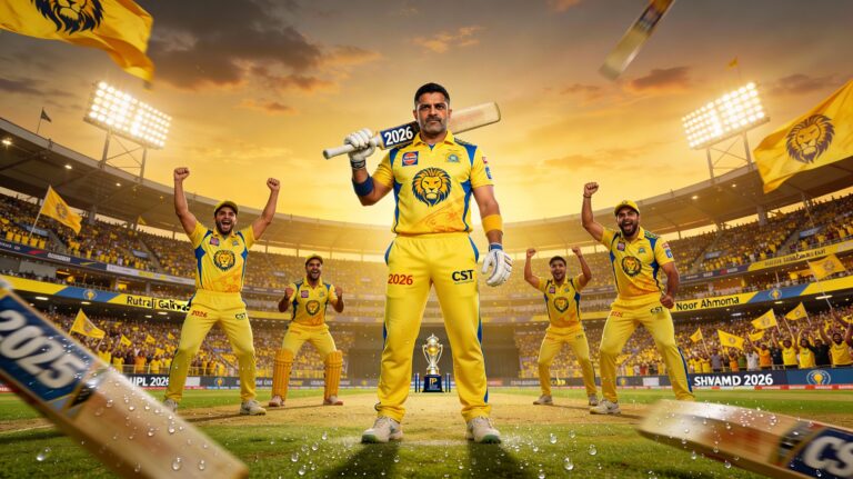 Photorealistic image of MS Dhoni in CSK yellow-blue jersey leading the Chennai Super Kings IPL 2026 squad at Chepauk Stadium, with Ruturaj Gaikwad, Shivam Dube, and Noor Ahmad cheering amid yellow-clad fans under floodlights